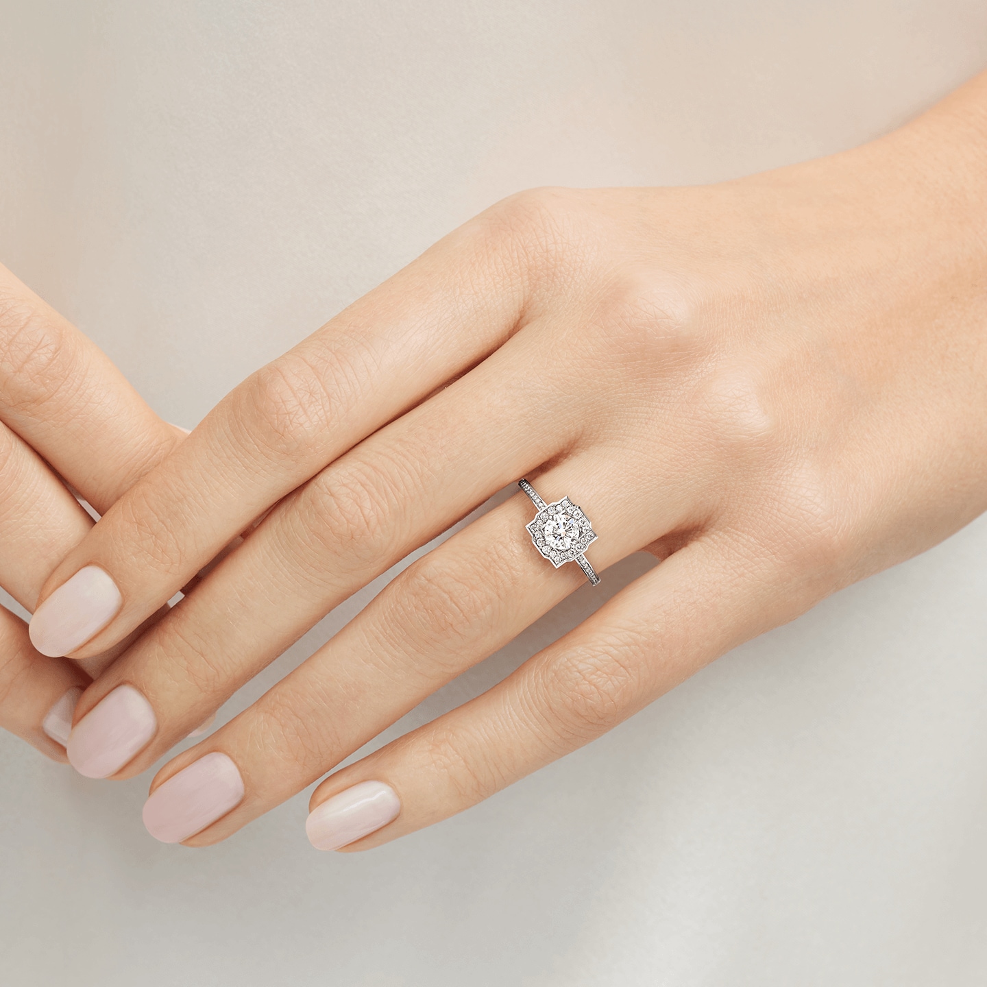 Belle Round Brilliant Diamond Micropavé Engagement Ring featured on a model