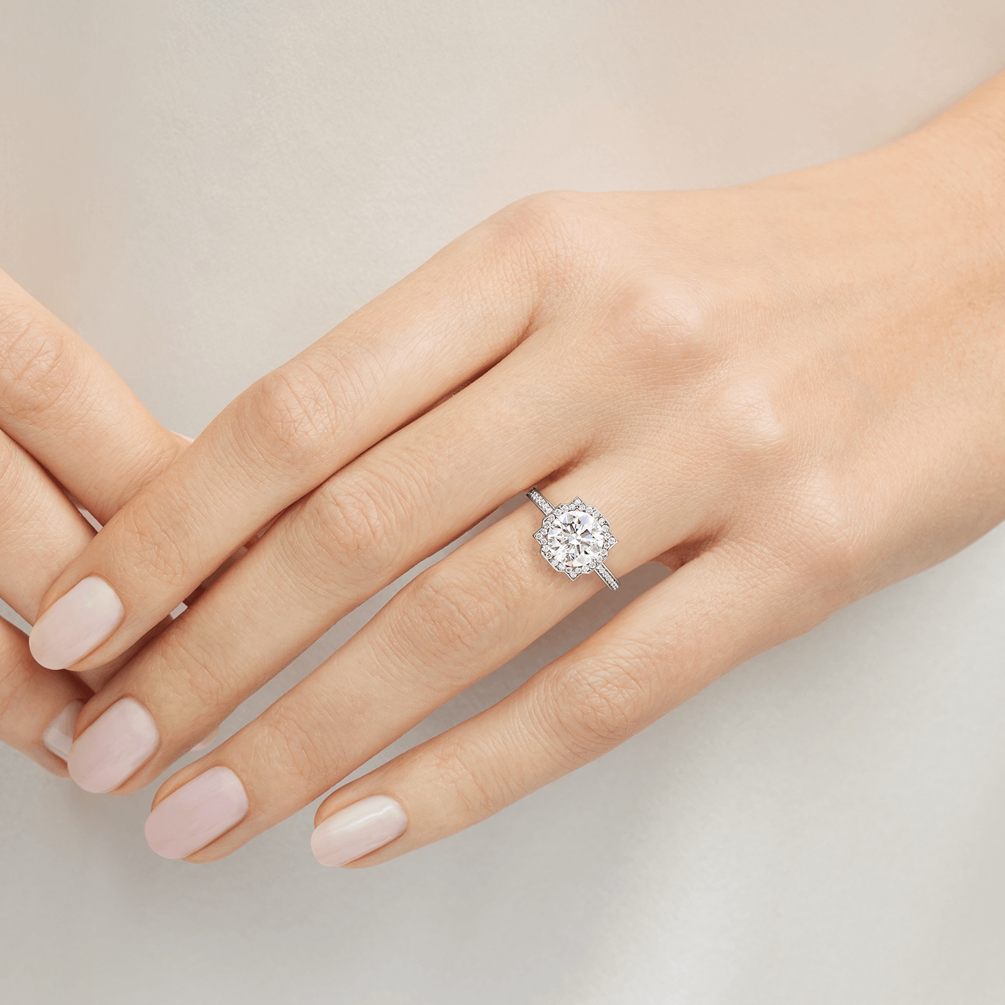 Belle Round Brilliant Diamond Micropavé Engagement Ring featured on a model