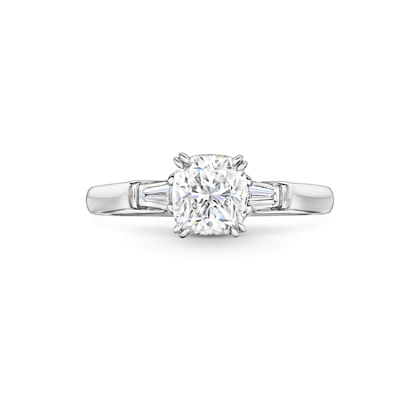 Front view of the Classic Winston Cushion-Cut Engagement Ring with Tapered Baguette Side Stones