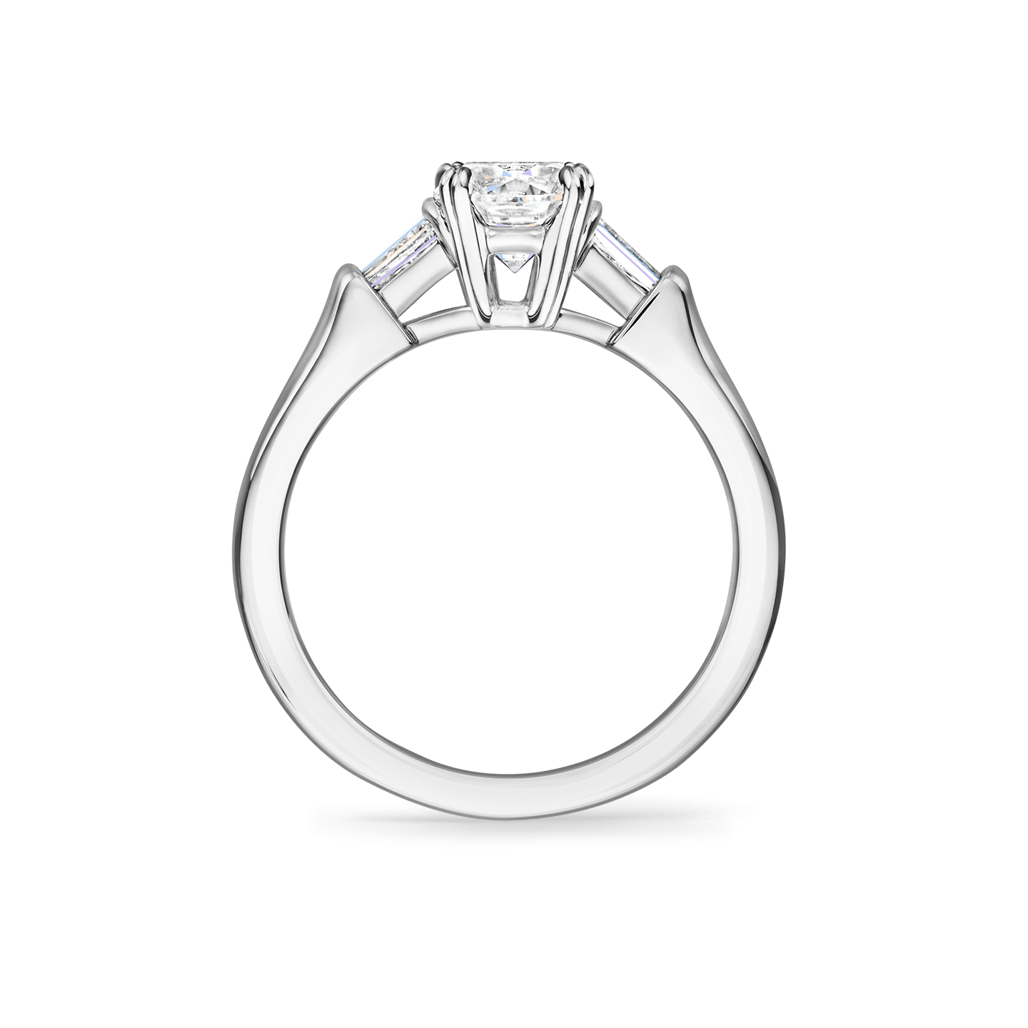 Side view of the Classic Winston Cushion-Cut Engagement Ring with Tapered Baguette Side Stones