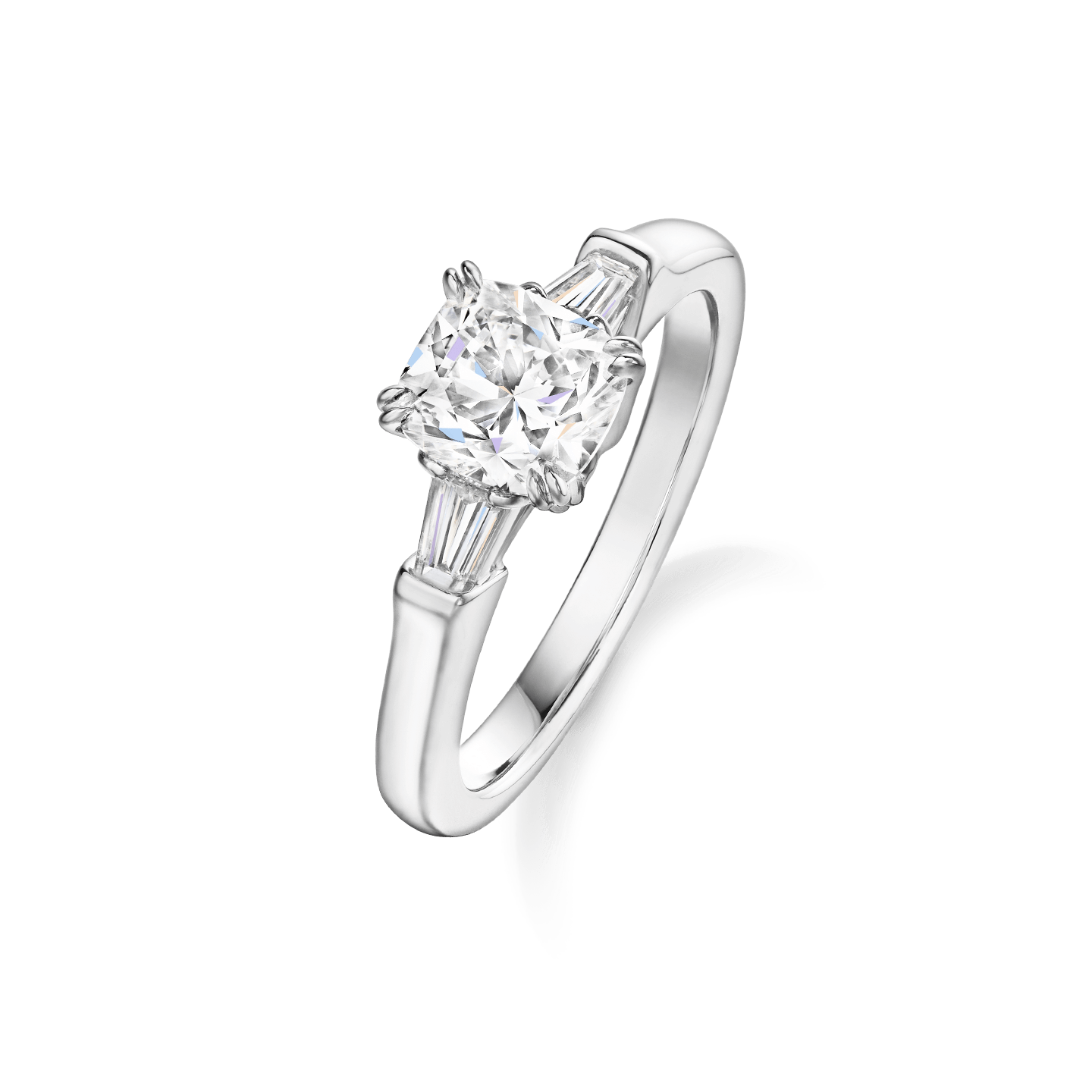 Angled view of the Classic Winston Cushion-Cut Engagement Ring with Tapered Baguette Side Stones