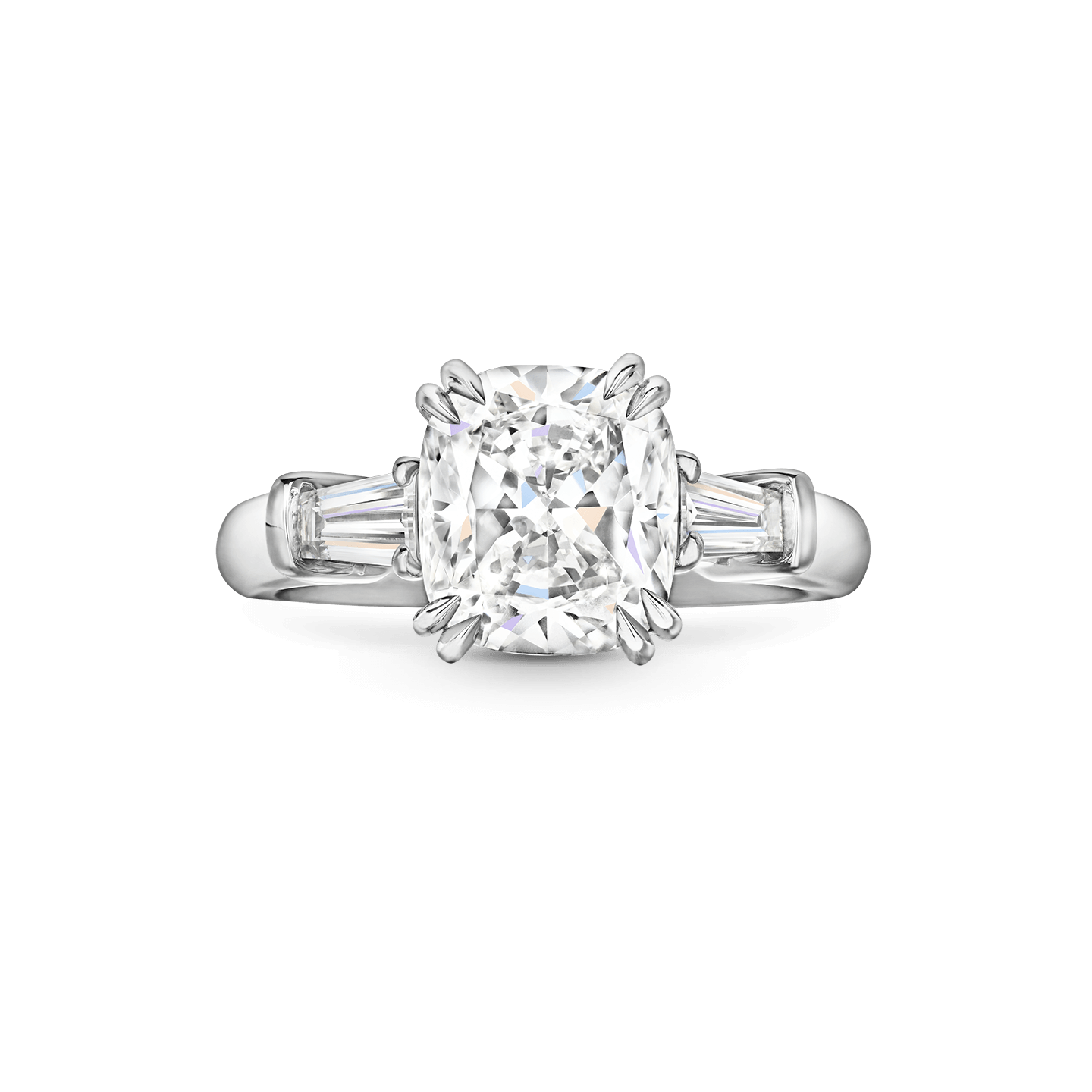 Front view of the Classic Winston Cushion-Cut Engagement Ring with Tapered Baguette Side Stones