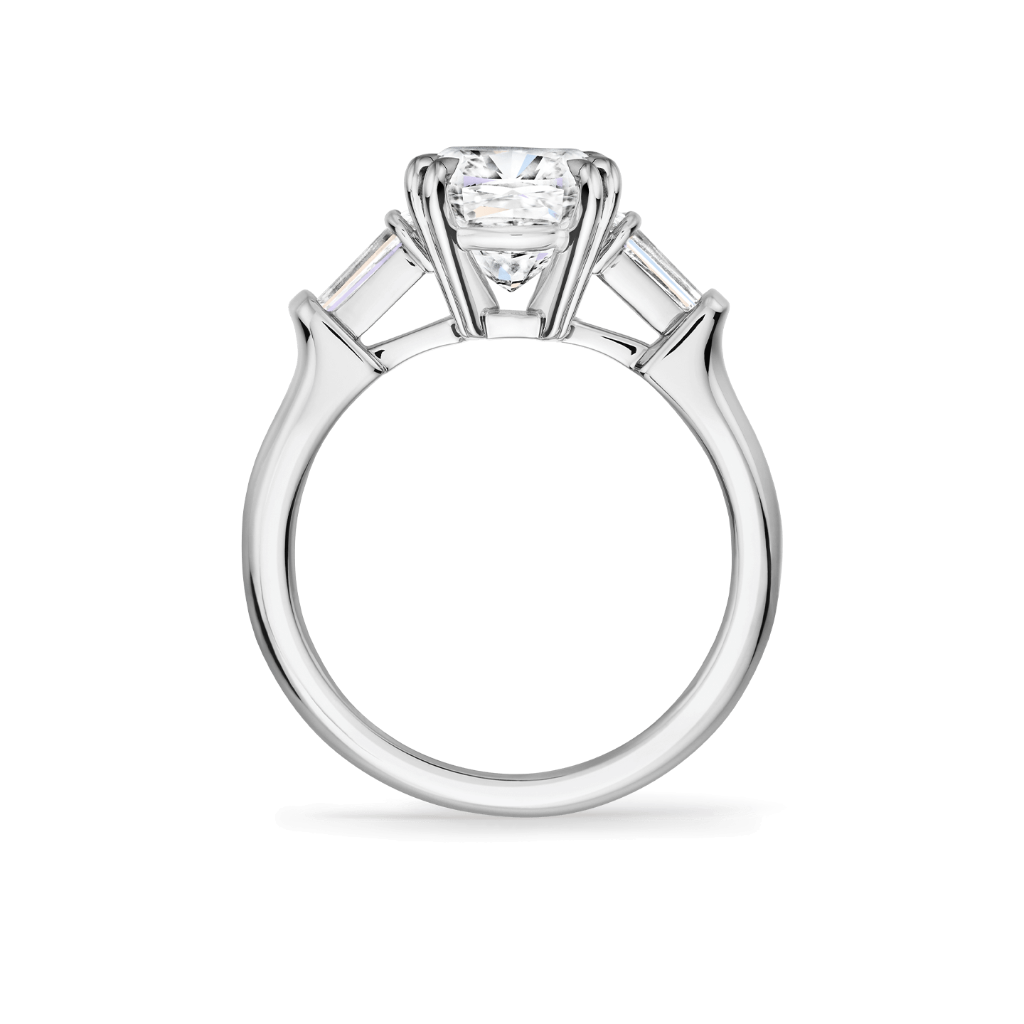 Side view of the Classic Winston Cushion-Cut Engagement Ring with Tapered Baguette Side Stones