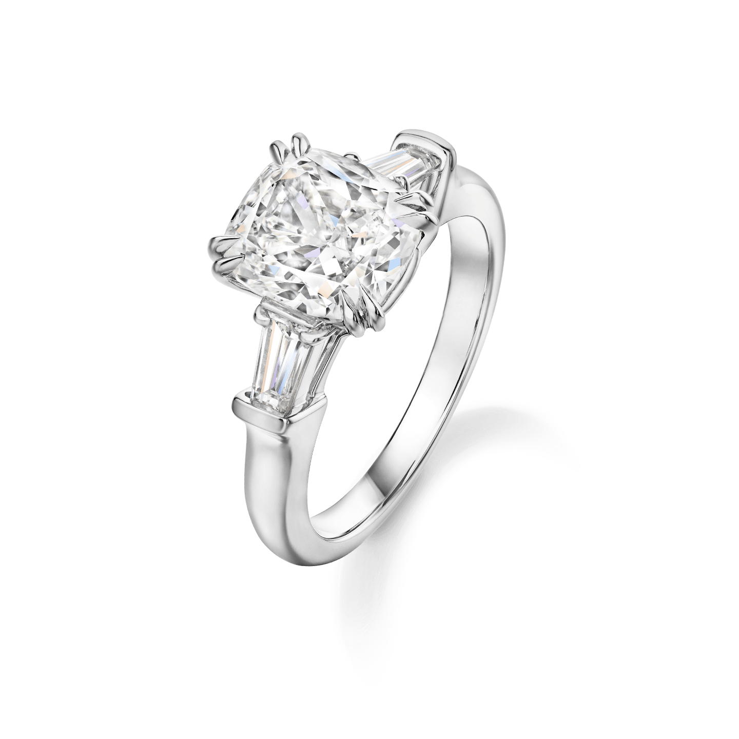 Angled view of the Classic Winston Cushion-Cut Engagement Ring with Tapered Baguette Side Stones
