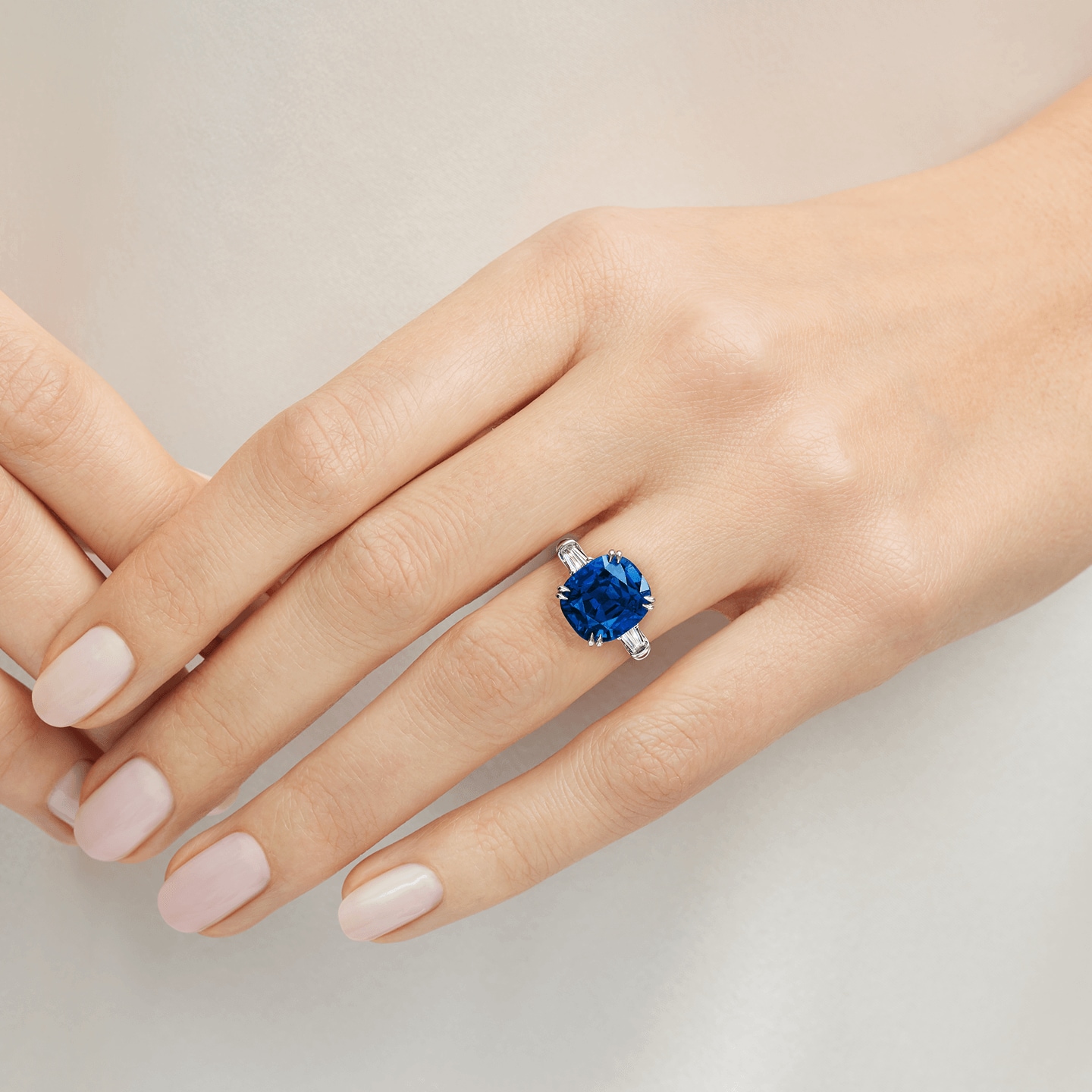 Classic Winston Cushion-Cut Sapphire Ring featured on a model