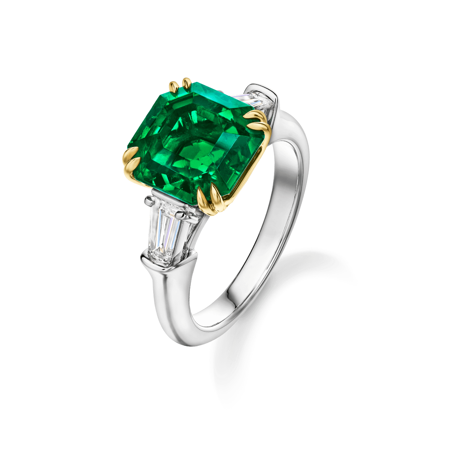 Angled view of the Classic Winston Emerald-Cut Emerald Ring