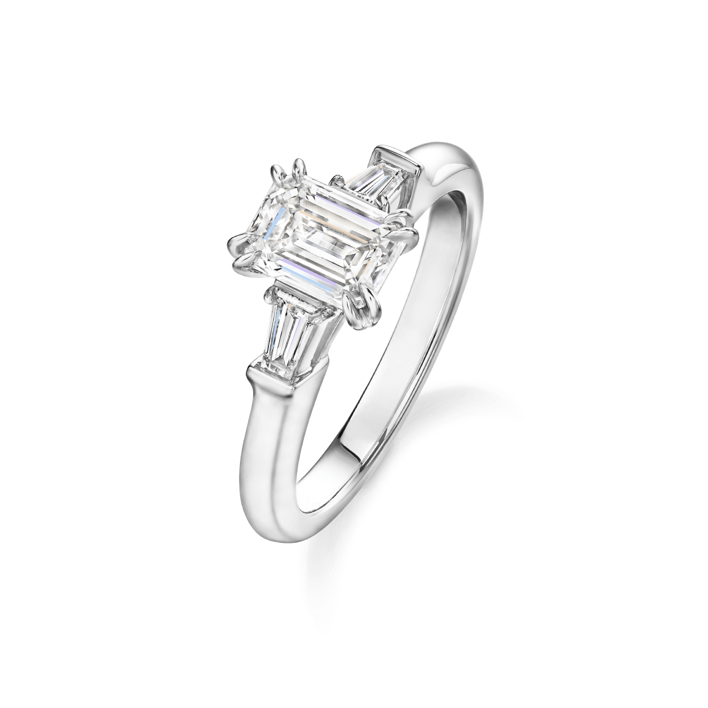Angled view of the Classic Winston Emerald-Cut Engagement Ring with Tapered Baguette Side Stones
