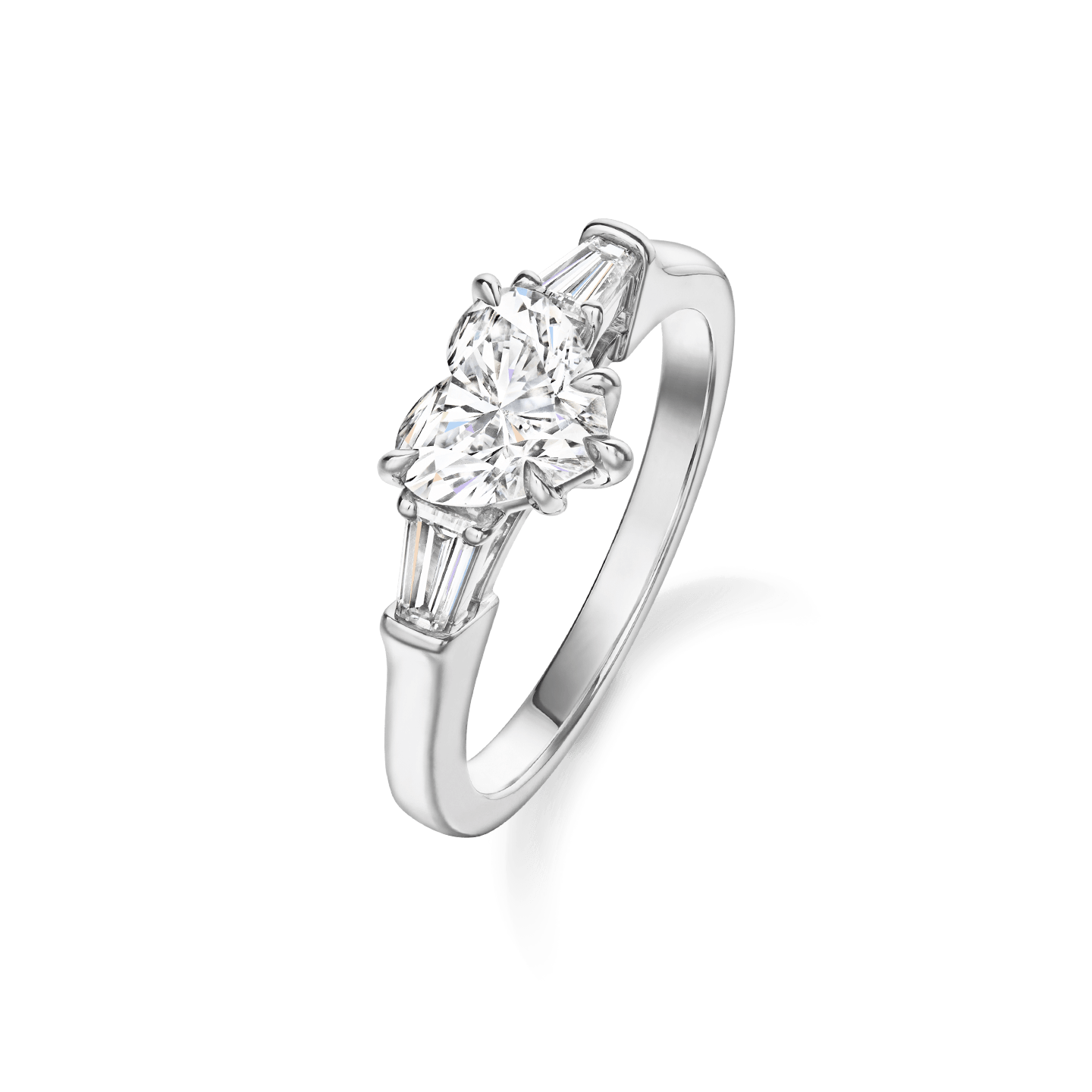 Angled view of the Classic Winston Heart-Shaped Engagement Ring with Tapered Baguette Side Stones