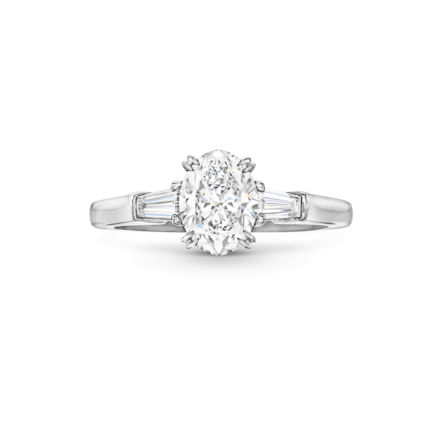 Front view of the Classic Winston Oval-Shaped Engagement Ring with Tapered Baguette Side Stones