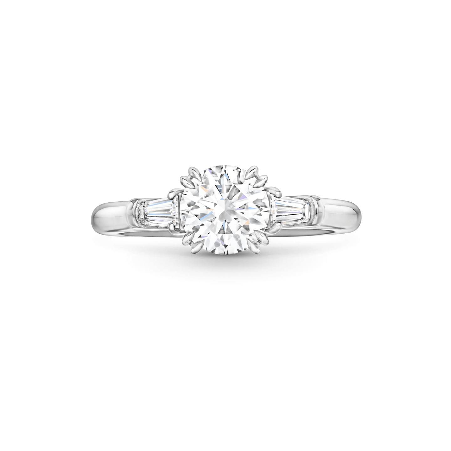 Front view of the Classic Winston Round Brilliant Engagement Ring with Tapered Baguette Side Stones