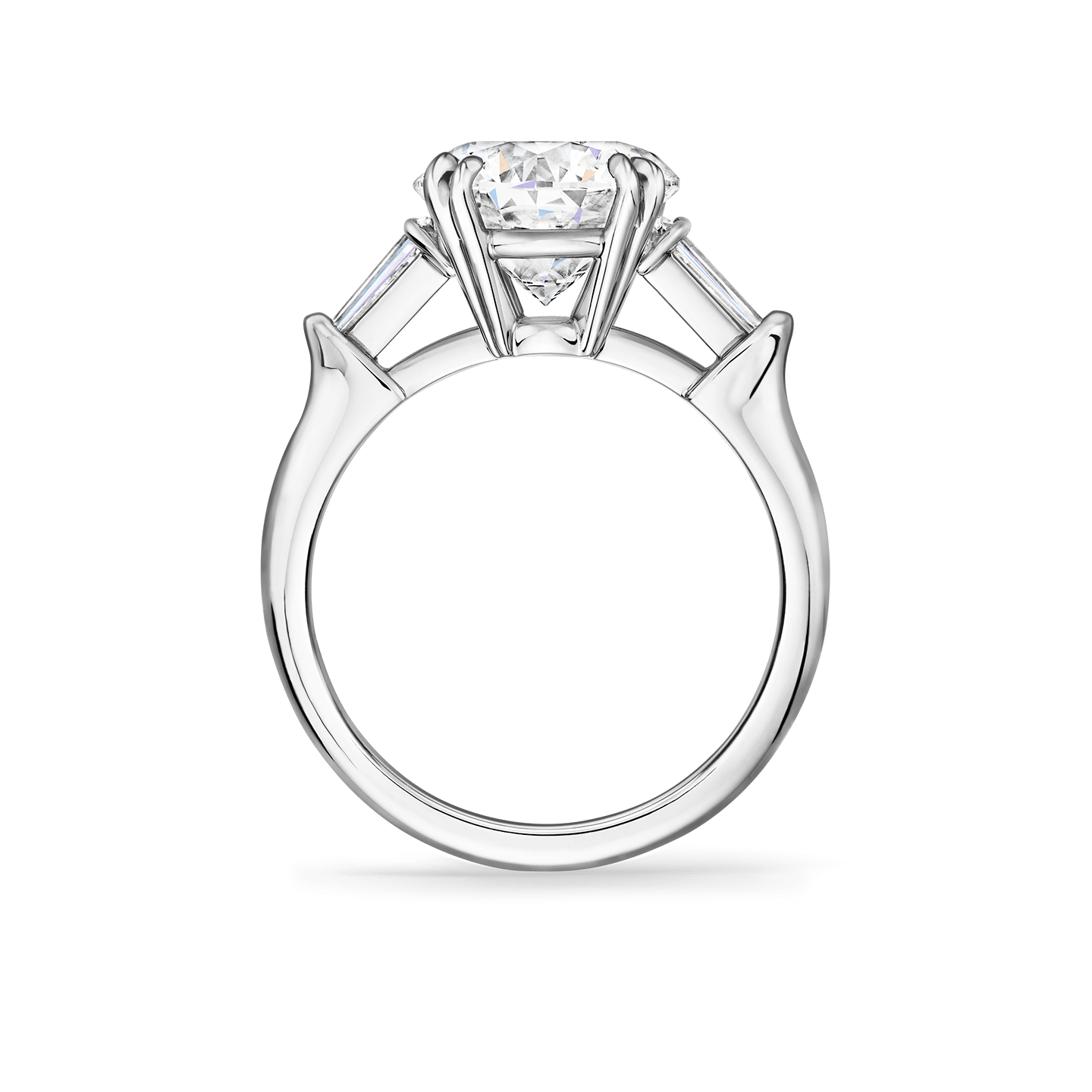 Side view of the Classic Winston Round Brilliant Engagement Ring with Tapered Baguette Side Stones
