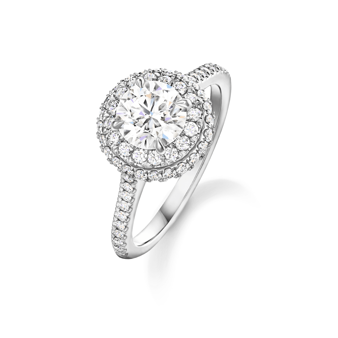 Angled view of the The One Double Halo Micropavé Diamond Engagement Ring