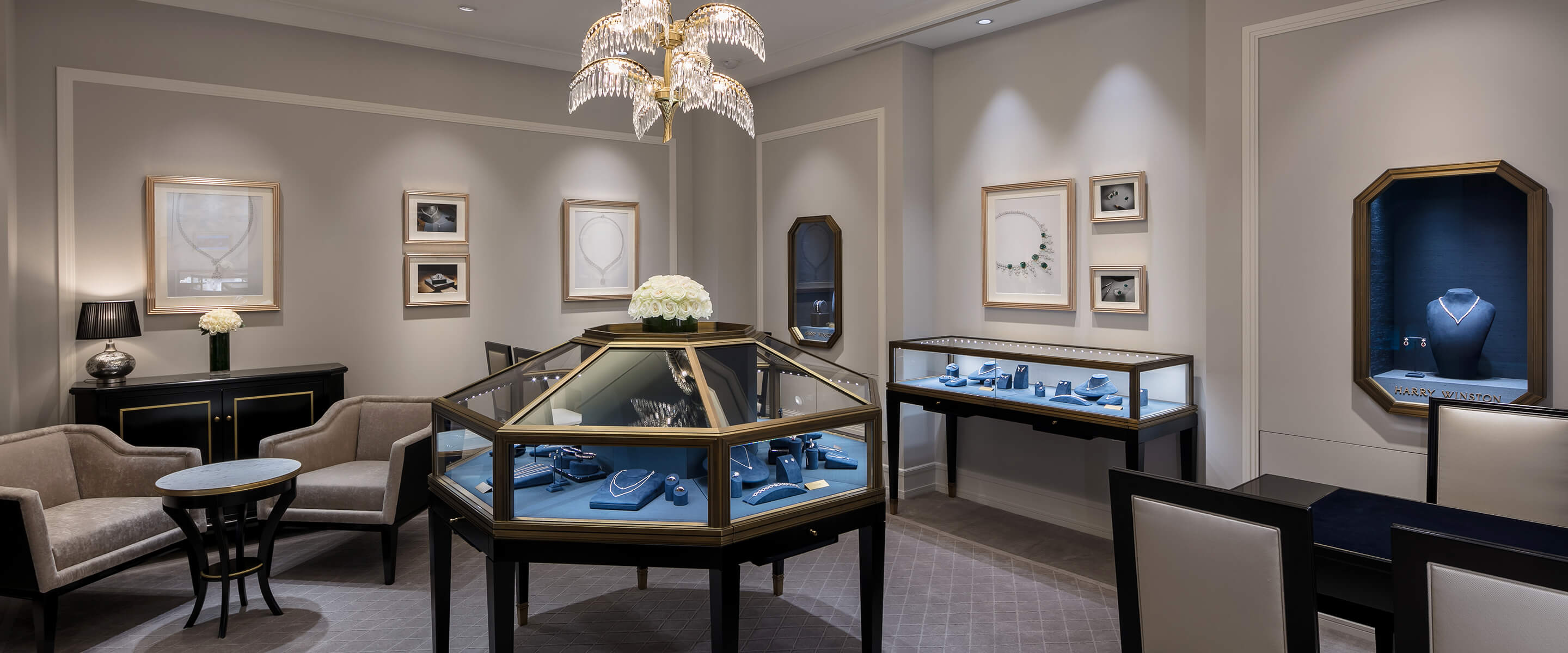 Luxury showroom featuring jewelry display case of the Harry Winston Tokyo Midtown Salon